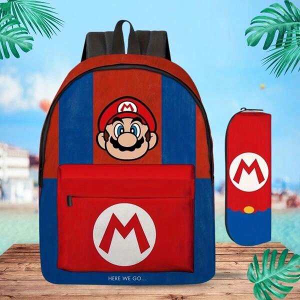 SuperMario Classic Game Element Design Large Capacity Backpack Set With Detachable Small Bag, Zipper Closure, Adjustable Strap, Polyester Material, Cartoon Pattern, Lightweight & Cute Style For Men And Women, Suitable For Daily Use