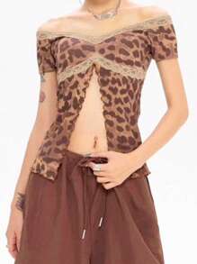 Top court sexy femme Cutenova en patchwork de dentelle imprimé léopard