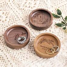 Personalized Wooden Ring Dish, Custom Round Wood Ring Dish, Engagement Ring Holder, Wedding Gift For Couple, Round Jewelry Tray - Multicolor - View 3