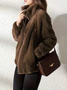 Drawstring Teddy Coat, Casual Long Sleeve Zip Up Coat