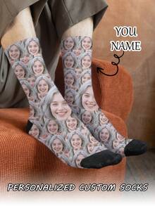 1 par de calcetines de tubo medio personalizados para mujer, puedes poner cualquier cara en los calcetines, calcetines personalizados con fotos, pares de imágenes personalizadas interesantes con calcetines de longitud media a larga, adecuados para el Día de San Valentín, cumpleaños, regalos y otras ocasiones, personalizados
