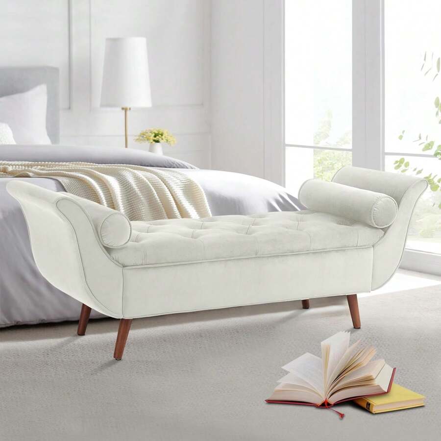 End Of Bed Storage Bench For Bedroom, 65" King Size Velvet Storage Bench With 2 Pillows, Upholstered Rolled Armed Button Tufted Sofa Ottoman Bench, Long Narrow Bench For Entryway (Begie) - Multicolor - View 1