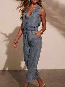 Women Denim Women Sleeveless V Neck Button Down Elastic Band Drawstring Wide Leg Jumpsuits Casual Harem Pants - 藍色 - 查看 3