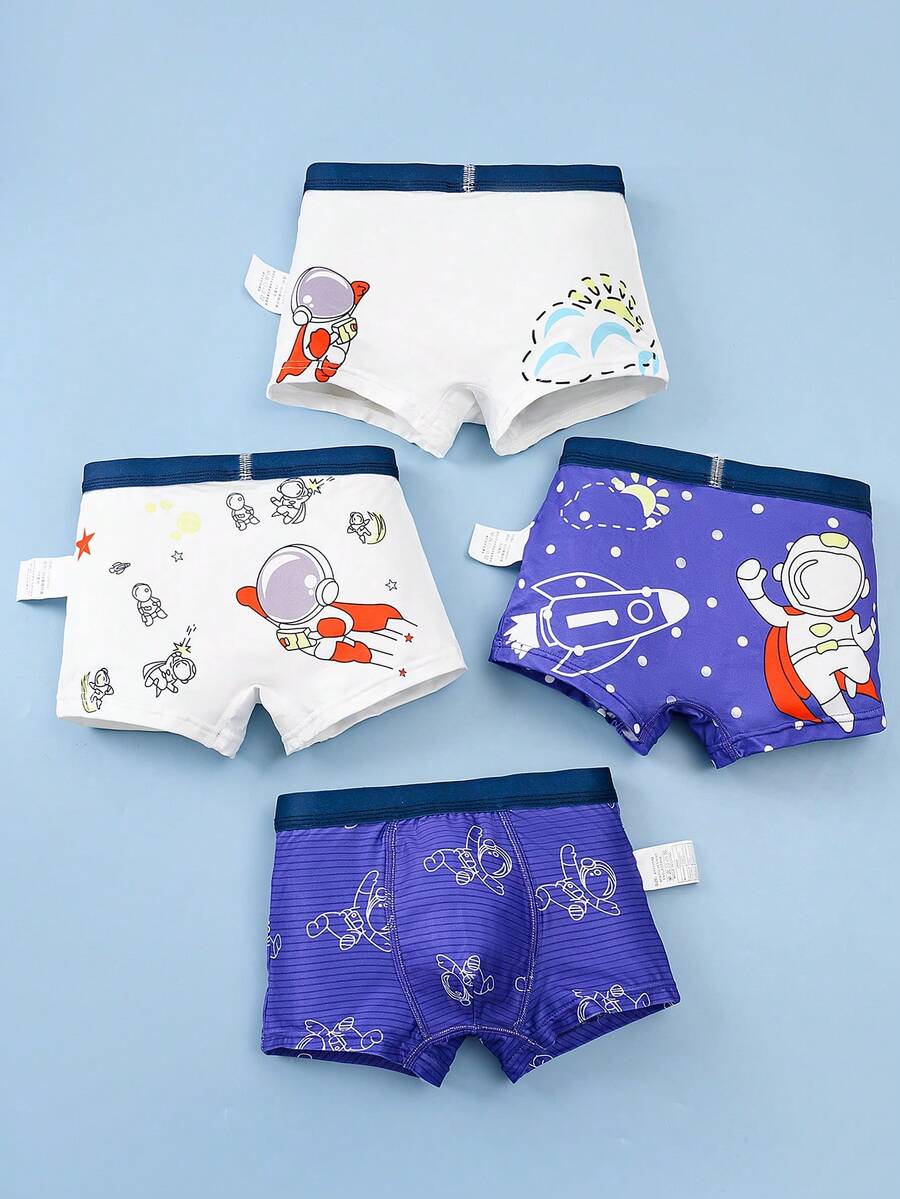 4条装男童舒适柔软透气卡通宇航员印花平角内裤，幼儿/小童/大童 - 彩色 - 查看 1