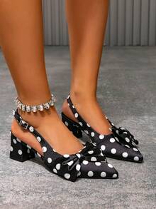 女士尖头波点蝴蝶结时尚高跟穆勒鞋露跟舒适拖鞋 - 黑色 - 查看 2