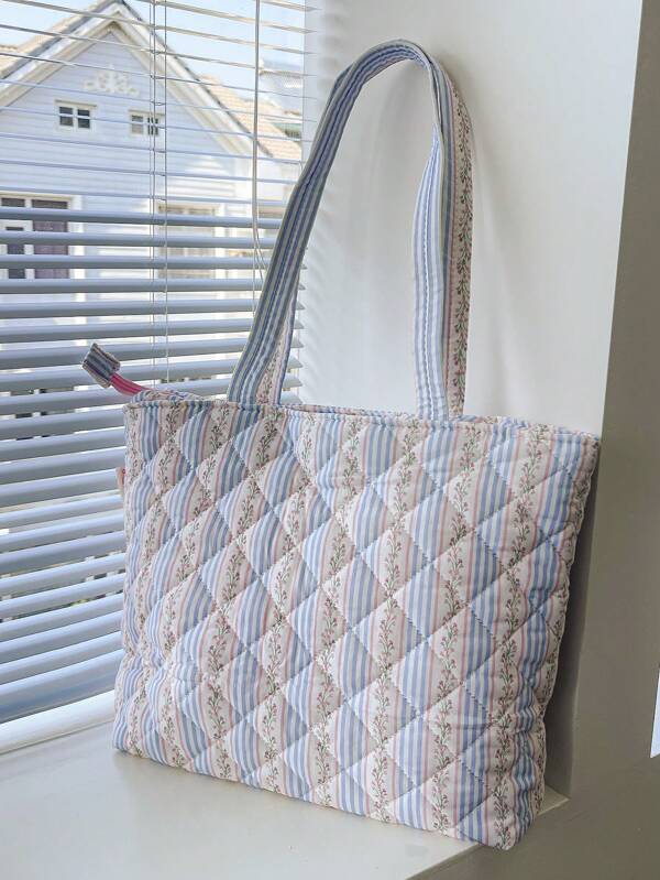 1 Piece Blue And Pink Stripes Tote Bag Large Capacity Floral Print Handbag Fashionable Quilted Shoulder Bag Suitable Outdoor Portable Multi-Functional Storage Bag For Daily Life Woman Handle Makeup Bag For Mother Day