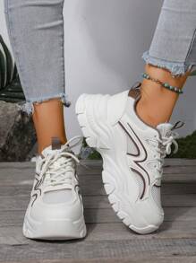 Ladies Casual Leisure Breathable Mesh Sneakers, Fashion Thick Sole Platform Shoes, Lightweight Non-Tiring, Solid Color Preppy Oxford Lace-Up Trainer Suitable For Holidays, Weddings, School, Parties, Office Wear In Spring/Autumn