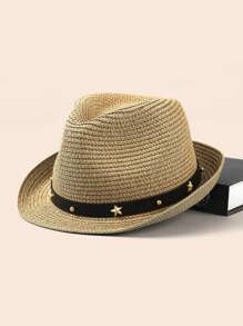 1pc Star Patchwork Bohemian Leather Strap Decorative UV Protection Woven Straw Panama Hat, Western Cowboy Sun Hat, Fashionable All-Match For Men And Women, All Seasons