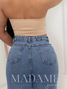WOMEN'S HIGH WAIST PANTS, WIDE LEG, MEDIUM WASH, PREMIUM DENIM - 中等水洗藍 - 查看 2