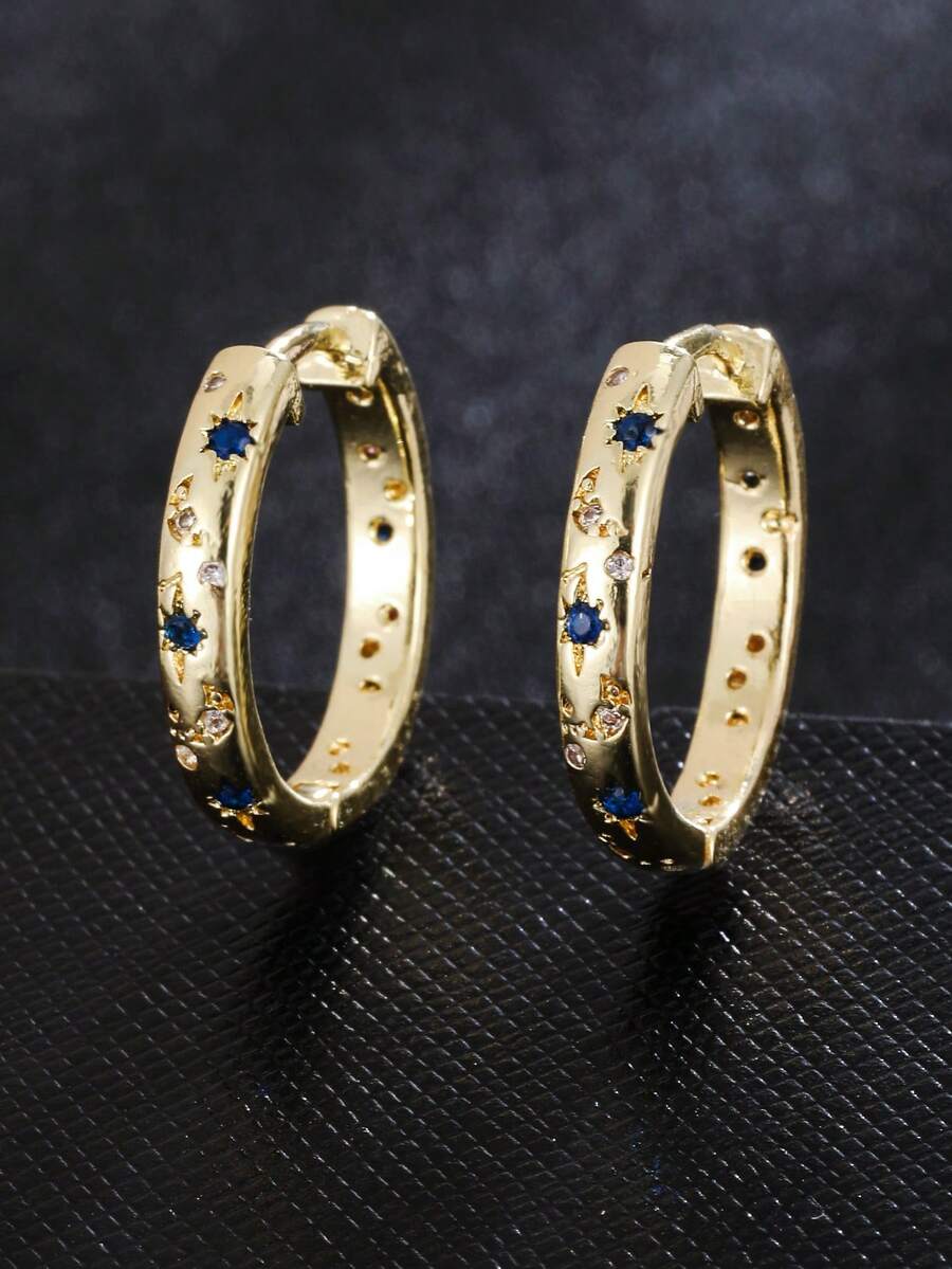 一对奢华铜镶嵌多色星星、月亮和圆形耳环，是约会的完美礼物 - 彩色 - 查看 1