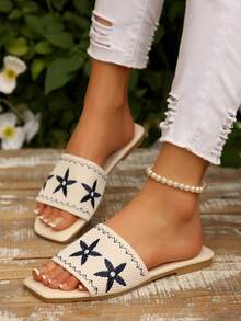 女士凉鞋，米色鞋，蓝色花卉刺绣装饰人字拖，夏季鞋，平底沙滩拖鞋，适合购物和度假等休闲场合 - 繡花藍 - 查看 4