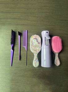 5pcs/Set Transparent Square Spray Bottle, Comb, Children's Cartoon Unicorn Design Detangling Comb, Mini Massage Brush, Hair Brush Set - Random Color