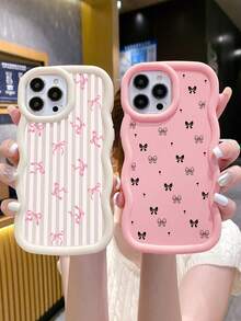 Black White Pink Bowknot Fashion Phone Cases 3pcs Dopamine Themed Wavy Edge Bowknot Pattern Phone Cases Compatible With IPhone & Galaxy Phones Spring Gift - Multicolor - View 4