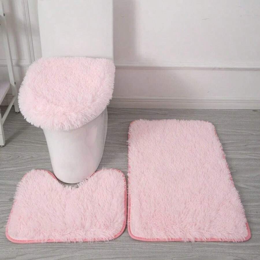 Juego de alfombras de baño de 3 piezas, tapa para inodoro antideslizante y alfombrilla contorneada, alfombrillas de baño y ducha, alfombra de baño para bañera, inodoro, baño, color rosa W10 - Rosa - Ver 1
