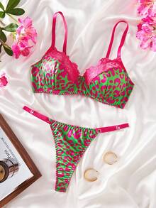 Simple Chic Leopard Lace Patchwork Sexy Women Lingerie Set, 2pcs - Multicolor - View 2