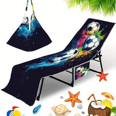 1 tấm bọc ghế bãi biển có thể gập lại với họa tiết bóng bầu dục, có thể chuyển đổi thành túi đeo vai có túi đựng kính râm và điện thoại. Tấm bọc vải Terry đa năng cho ghế bãi biển, hồ bơi, ghế dài - Dễ dàng mang theo
