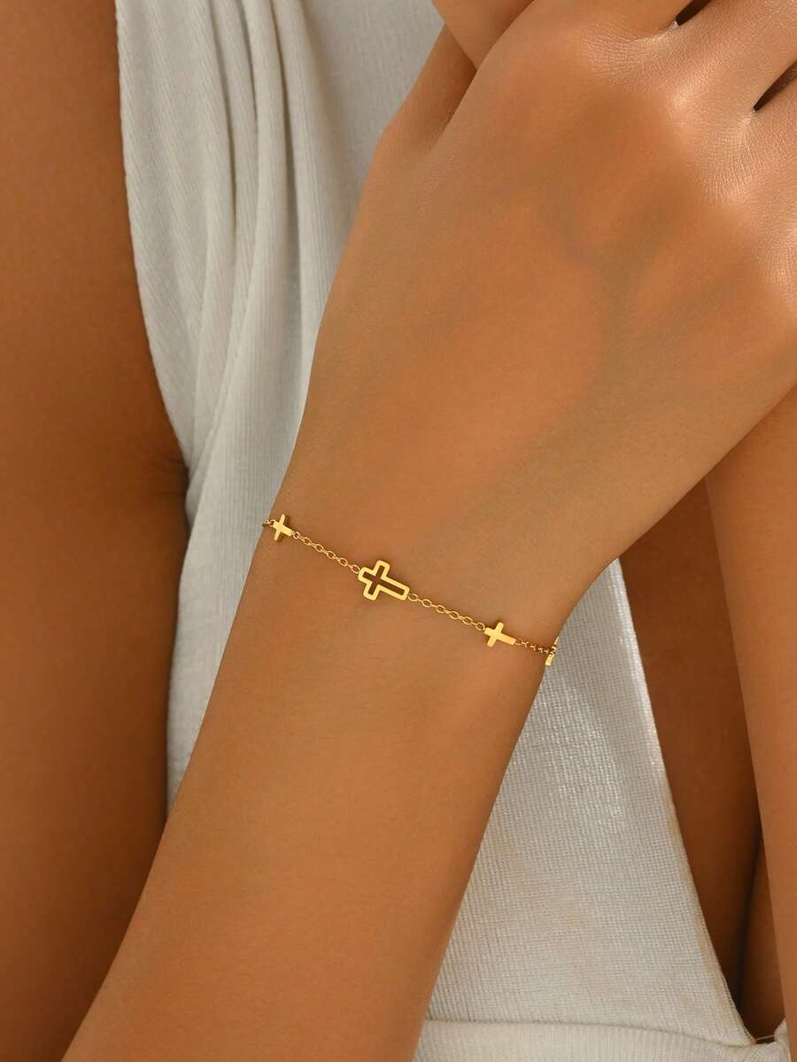 LIEBEIRIS 1 件 18K 镀金简约空心十字架不锈钢手链，适合女性日常佩戴和送礼 - 金黃色 - 查看 1