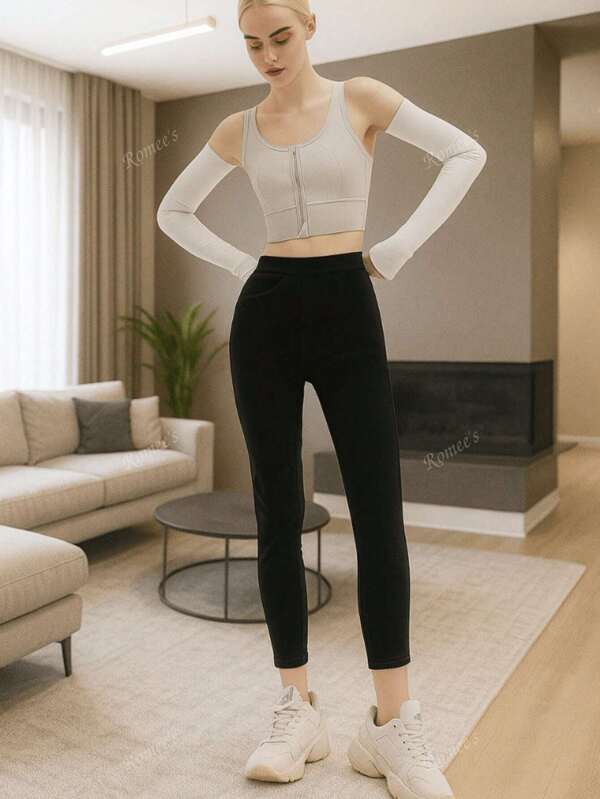 Dames effen casual legging met rits