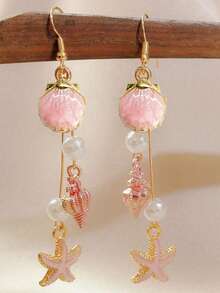 1 Pair Of Gold Bow Marine Element Earrings Pearl Starfish Shell Earrings Holiday Style Accessories #Seaside Travel Essential Summer Beach Style Finishing Touch Item Suitable For Women To Wear On Holidays - Pink - View 1