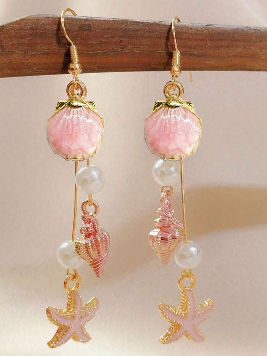 1 Pair Of Gold Bow Marine Element Earrings Pearl Starfish Shell Earrings Holiday Style Accessories #Seaside Travel Essential Summer Beach Style Finishing Touch Item Suitable For Women To Wear On Holidays - Pink - View 1