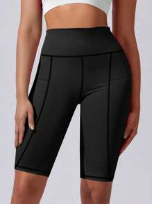 1pc Women High Waist Yoga Cycling Shorts With Pockets, Black Sports Fitness Leggings, Butt Lifting Tights, Suitable For Gym, Yoga, Running, Workout, Sports