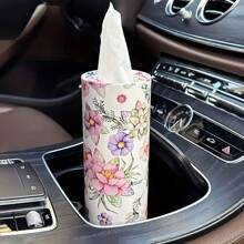Kompakter rosa-weißer Blumen Auto Taschentuchhalter - passt in den Getränkehalter, inklusive Taschentücher, perfekt für Reisen & Verwendung Zuhause. Kompakter Blumenfahrzeug-Taschentuchhalter - Blumendesign in rosa und weiß, Papierrolle für Autositz, Reise-Taschentuchbehälter für Getränkehalter