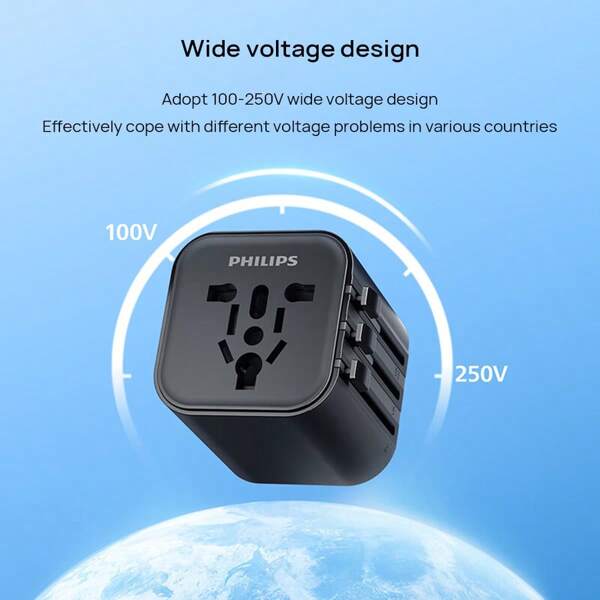 PHILIPS SPB1013B/93 International Universal Converter, Mini And Portable, Safety Lock, Wide Voltage Design, Universal Socket For Traveling Abroad, Business Trip, And Studying Abroad