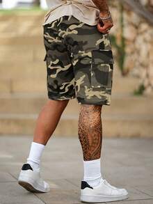 1pc Men'S Summer Camo Cargo Shorts With Multiple Pockets, Drawstring Waist, And Letter Patch - Casual Five-Point Outdoor Shorts For Hiking, Fishing, And Casual Attire, Hiking Apparel | Letter Patch Shorts | Non-Stretch Fabri - Camouflage Army Green - View 2