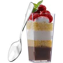 Local Shipping-Zappy 60 Pack 3 Oz Square Mini Dessert Cups With Lids And Spoons Dessert Shooter Cups With Spoons Appetizer Cups Parfait Glasses Dessert Shot Glasses For Party Clear Tumbler Cups - 50個3盎司方形杯和50個湯匙 - 查看 1