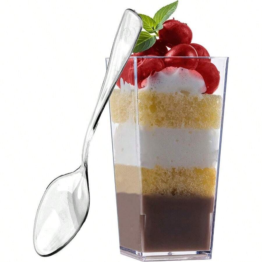Local Shipping-Zappy 60 Pack 3 Oz Square Mini Dessert Cups With Lids And Spoons Dessert Shooter Cups With Spoons Appetizer Cups Parfait Glasses Dessert Shot Glasses For Party Clear Tumbler Cups - 50個3盎司方形杯和50個湯匙 - 查看 1