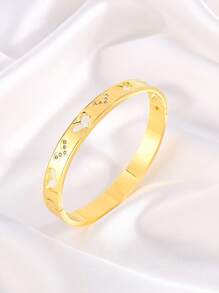 1pc Fashionable 18K Stainless Steel Hollow Heart Shape Zirconia Engraved Wide Cuff Bracelet, Suitable For Women Daily Or Festival Gifts