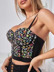 Apperloth A Apperloth 女士彩色水钻可调节露背束身胸衣，性感露脐吊带背心，适合锐舞派对、休闲夏季穿着 - 彩色 - 查看 3