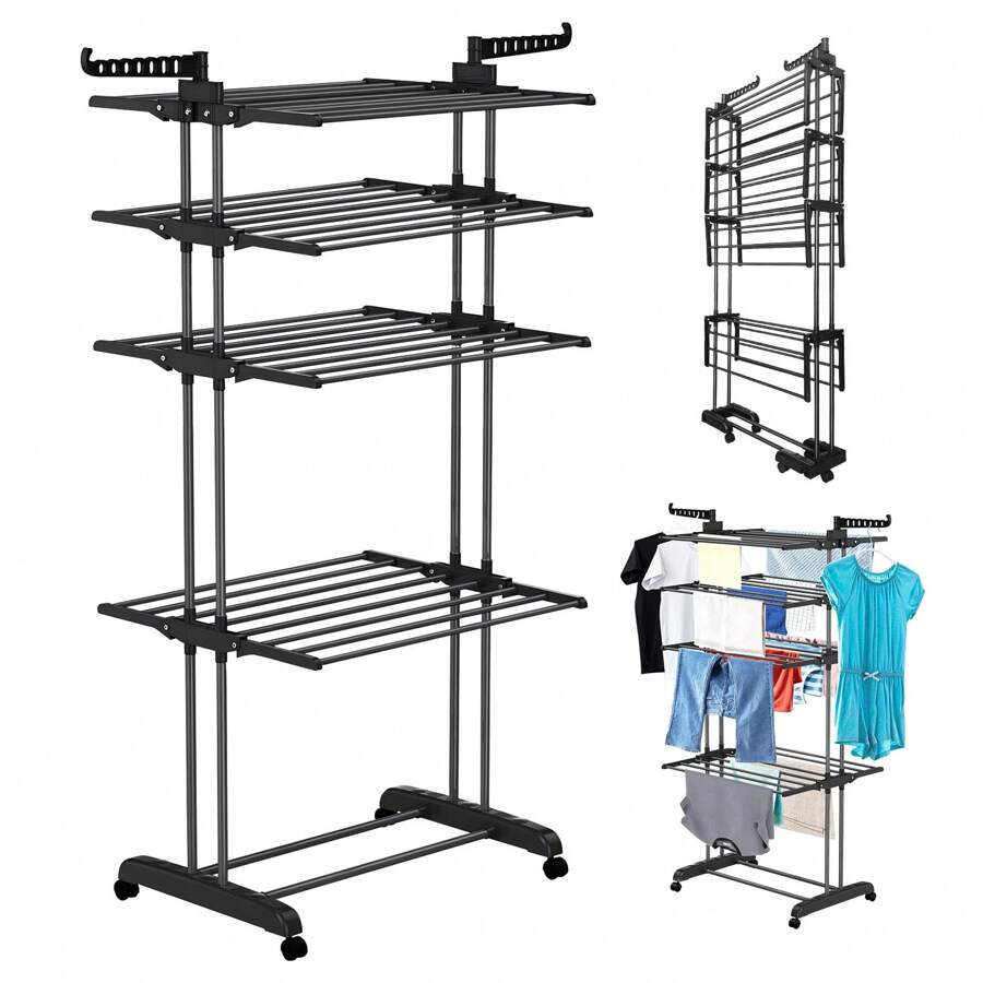 Wevalley Faltbarer Wäscheständer mit 5 Ebenen, Wäscheständer aus Edelstahl für den Innenbereich mit 4 Rollen, zusammenklappbar, platzsparend
