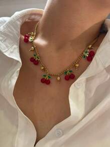 1pc New Fashionable & Elegant Minimalist Stainless Steel Cherry Pendant Necklace For Women
