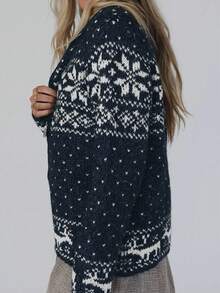 2025 جاكيت كاردجان خارجي للنساء من خليط الصوف بياقة عالية وأكمام طويلة وسحاب أمامي، بنمط معاصر ملون بتصميم معقد لأشكال الغزلان والمربعات، مناسب للخريف والشتاء