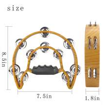 Double Row Jingles, Half Moon Musical Tambourine Double Row Handbell Tambourine Metal Jingles With Ergonomic Grip Percussion Instrument For KTV Party Church, Imitation Wood Color - 咖啡棕 - 查看 2