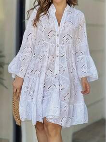 Elegant V-Neck Embroidered Lace Flared Sleeve Cutout Solid Color Dress - Fashion Women's Clothing With Lightweight Flowy Design For All Seasons - White - View 1