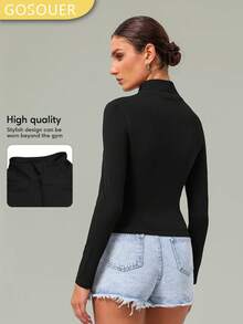 Women's Stand Collar Zipper Rounded Hem Slim Fit Sports Jacket - Black - View 2