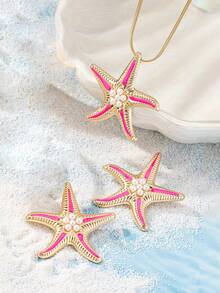 1 Set Fashion Personalized Faux Pearl Starfish Enamel Decor Necklace & Earrings Jewelry Set, Suitable For Women Party, Gathering, Beach Travel, Gift - Jewelry Set - View 10