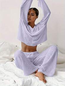 Women Solid Color Sheer Material Round Neck Long Sleeve Straight Leg Pajama Set, Suitable For Outerwear - Purple - View 2
