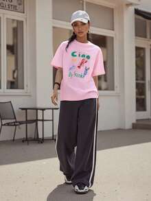 Women Summer Basic T-Shirt Casual Letter Fruit Lobster Print Short Sleeve Tops For Streetwear Aesthetic Grunge Clothes - 粉色 - 查看 6