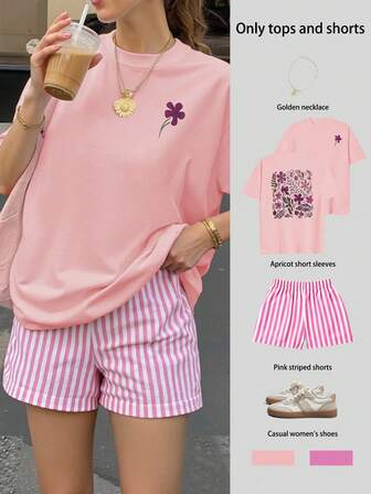 Krótkie, wygodne, codzienne, letnie, damskie, krótkie spodenki w paski z nadrukiem kwiatowym, chiński Nowy Rok, Nowy Rok Księżycowy, Rok Konia, Święto Wiosny, Szczęśliwego Nowego Roku, Walentynki, Prezent na Walentynki, Prezent na Walentynki dla niej, Prezent na Walentynki