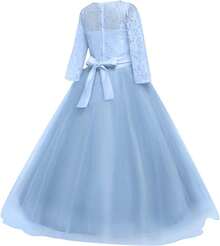 Girls Vintage Floral Lace 3/4 Sleeve Floor Length Dress - Wedding Pageant Formal Evening Gown - 藍色 - 查看 5