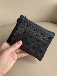 1 pieza Mini bolsa de maquillaje con forma de corazón y malla, estuche portátil multiuso transparente con felpa para lápices labiales