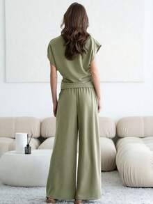 2pcs Women Classic & Fashionable Solid Color Basic Set, Lightweight & Comfortable For Commuting And Casual Daily Wear - Dark Green - View 7