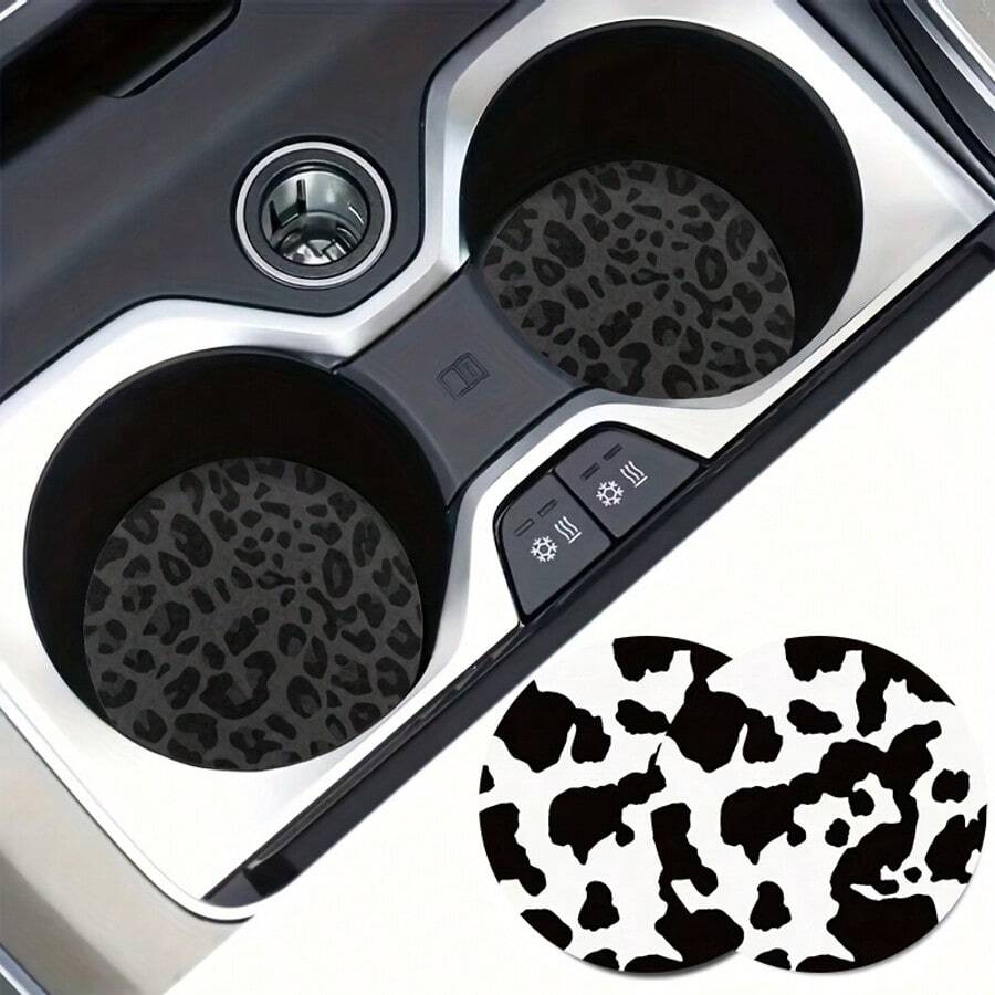 Cow Leopard Print Style 2 Pieces Car Cup Holder Coaster - Anti Slip, 2.8-Inch Made Of Natural Rubber, Washable, Weighing 15 Grams Per Piece, Perfect For Car Interior Accessories - Suitable For Car Owners - Suitable For Daily Use - An Excellent Gift For Car Enthusiasts - Multicolor - View 1