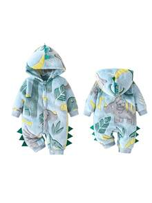 Pelele con capucha suave de niño pequeño, diseño casual con estampado de dinosaurio, abotonadura delantera, manga larga, mono para bebés e infantes, conjunto de otoño - Azul - Ver 2