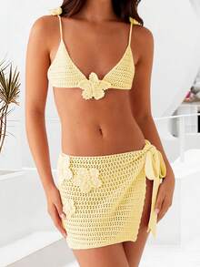 Conjunto de falda y top de mujer de ganchillo y punto, con tirantes finos, top tipo halter y minifalda, estilo Y2K con calado, conjunto de 2 piezas para cubrir, ropa de playa para vacaciones - amarillo claro - Ver 2