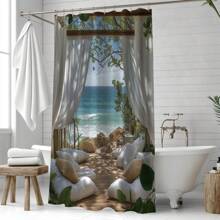 1pc Beach Theme Polyester Shower Curtain With Hooks - High Quality Digital Print No-Hole Design, Super Wide Bathroom Curtain For Coastal Bathroom Decor, Machine Washable, Beach Shower Curtain, Easy Hang Curtain, Plush Decor Accessory, Smooth Texture Fabric Back To School