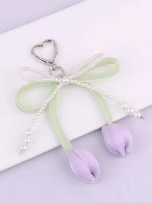 1pc Flower Ribbon Decor Chain Heart Shape Clasp Pearl Tulip Keychain For Women, Bag Charm - Multicolor - View 6